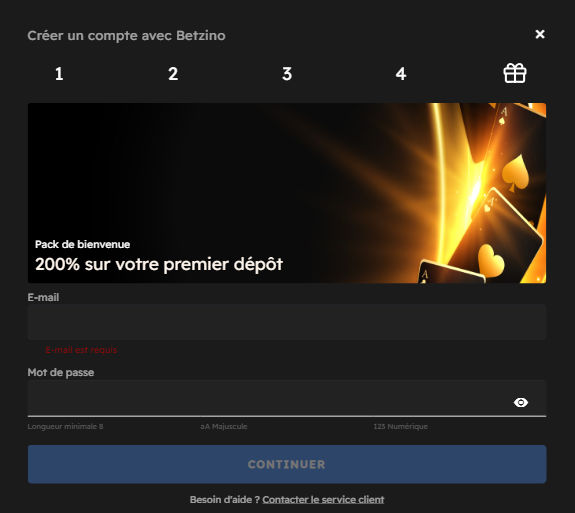 Formulaire d'inscription avec champs e-mail, mot de passe et offre de bienvenue affichée à 200%