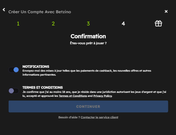 Écran de confirmation avec contrôles distincts pour notifications, conditions générales et politique de confidentialité